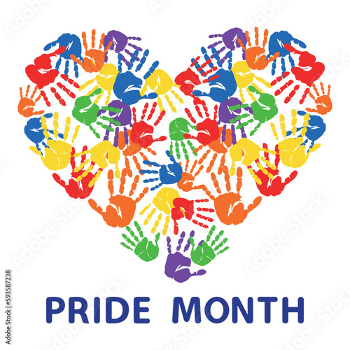 Handprints in a heart shape Pride month. Illustration, Poster, Vector , Background or wallpaper.   