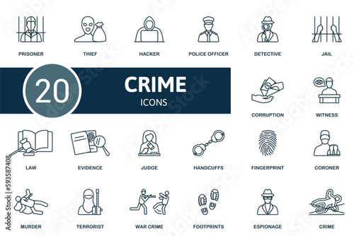 Crime set. Creative icons: prisoner, thief, hacker, police officer, detective, jail, corruption, witness, law, evidence, judge, handcuffs, fingerprint, coroner, murder, terrorist, war crime