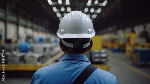 Closeup Back View of Factory Worker with Protective Industrial Grade Safety Helmet, with Licensed Generative AI Technology Assistance