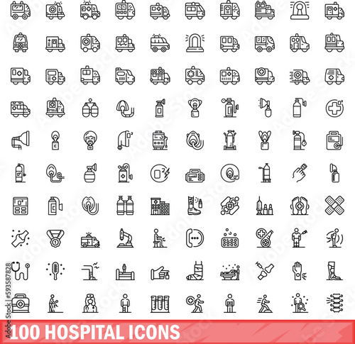 100 hospital icons set. Outline illustration of 100 hospital icons vector set isolated on white background
