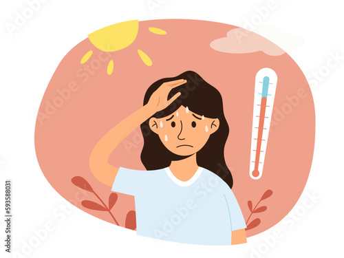 Woman at outdoor with hot sun light has a risk to have heat stroke. Girl in the background of the bright sun and thermometer in red zone. Hot summer day. Isolated vector illustration.