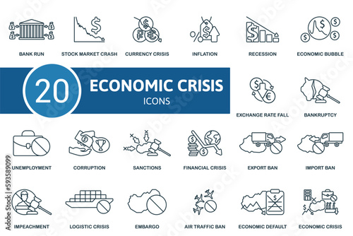 Economic crisis set. Creative icons: bank run, stock market crash, currency crisis, inflation, recession, economic bubble, exchange rate fall, bankruptcy, unemployment, corruption, sanctions