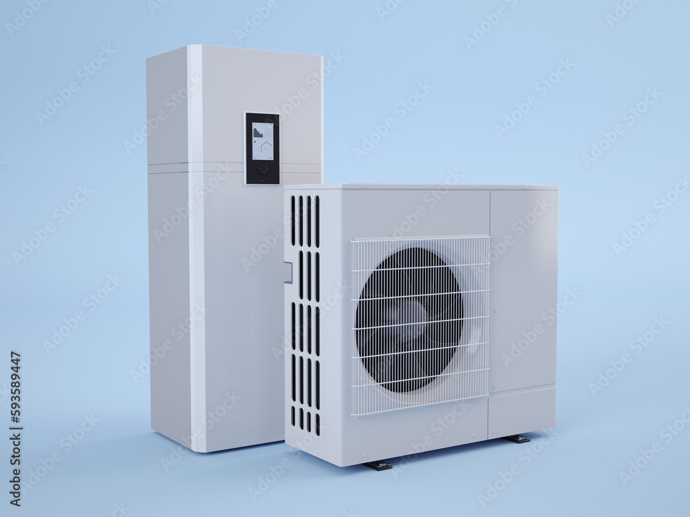 Fototapeta premium Air heat pump set on blue background, 3D illustration