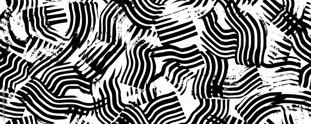 Seamless pattern with wavy stamps. Brush-drawn curved linear strokes. Repeating vector grunge texture. Curly grunge paint lines, Japan style illustration. Seamless wavy horizontal banner. Seamless pattern with wavy stamps. Brush-drawn curved linear strokes. Repeating vector grunge texture. Curly grunge paint lines, Japan style illustration. Seamless wavy horizontal banner.