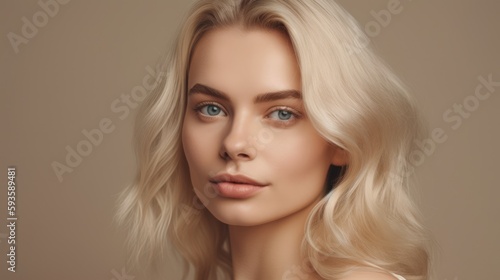 portrait of a woman Beauty blonde hair smiling on beige background , Generative AI 