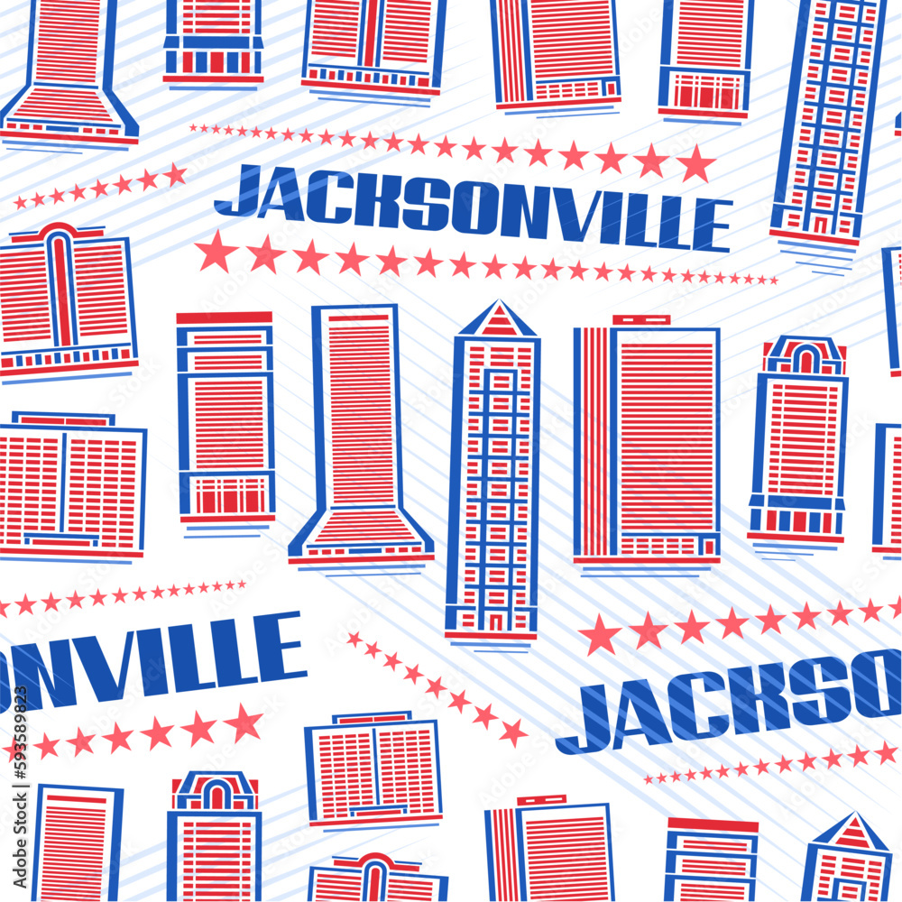 Vector Jacksonville Seamless Pattern, repeating background with illustration of red jacksonville city scape on white background for wrapping paper, line art urban poster with blue text jacksonville