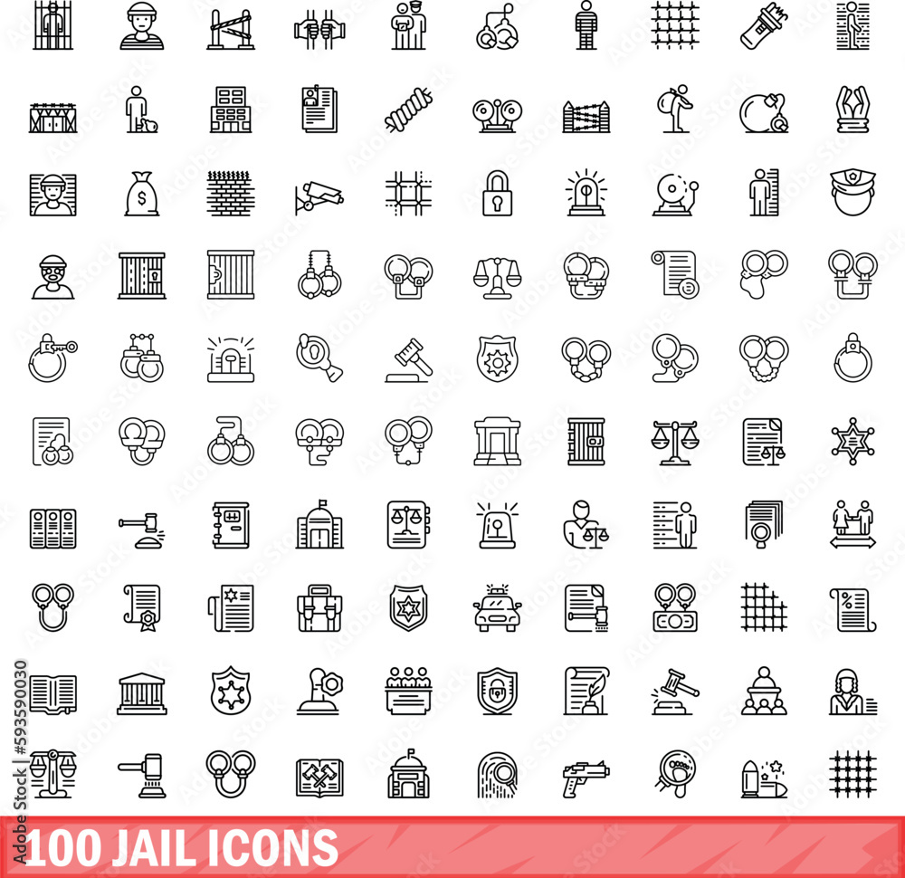 100 jail icons set. Outline illustration of 100 jail icons vector set isolated on white background 100 jail icons set. Outline illustration of 100 jail icons vector set isolated on white background