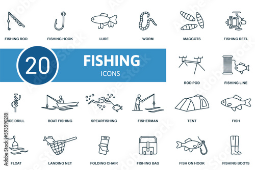 Fishing set. Creative icons: fishing rod, fishing hook, lure, worm, maggots, fishing reel, rod pod, fishing line, ice drill, boat fishing, spearfishing, fisherman, tent, fish, float, landing net