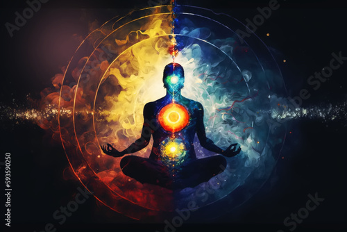 meditation and spiritual practice, expanding of consciousness, chakras and astral body activation, mystical inspiration. Generative AI. 