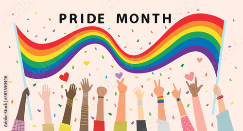 People hold hands up Celebrates LGBT pride month. Illustration, Poster, Vector , Background or wallpaper. 