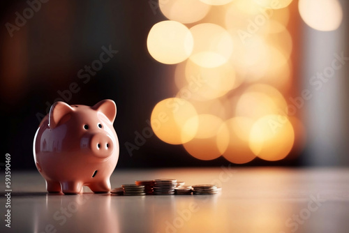 Stacked Coins and Piggy Bank on Table Investment Concept with Blurred Home Background