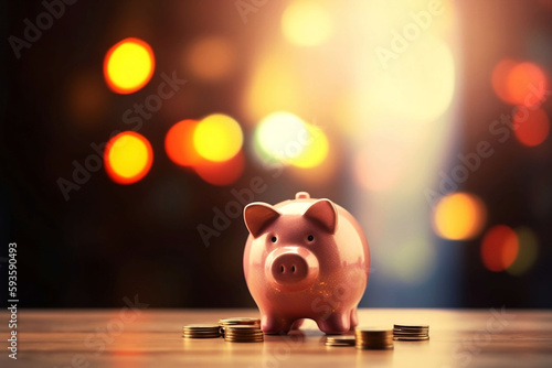 Stacked Coins and Piggy Bank on Table Investment Concept with Blurred Home Background