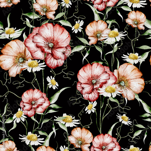 Watercolor seamless pattern with flowers of poppy and chamomile leaves. Illustration