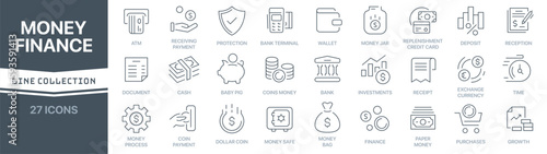 Money and finance linear signed icon collection. Signed thin line icons collection. Set of money and finance simple outline icons
