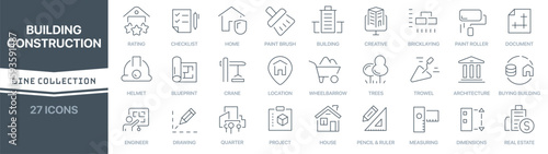 Building and construction linear signed icon collection. Signed thin line icons collection. Set of building and construction simple outline icons