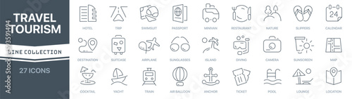 Travel and tourism linear signed icon collection. Signed thin line icons collection. Set of travel and tourism simple outline icons