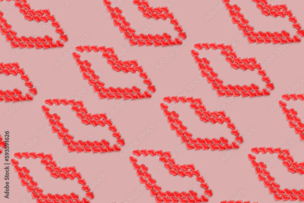 Beautiful lips made of hearts for Valentines Day. Strong relationships and declaration of love. Traditional holiday. Pattern. Beautiful lips made of hearts for Valentines Day. Strong relationships and declaration of love. Traditional holiday. Pattern.