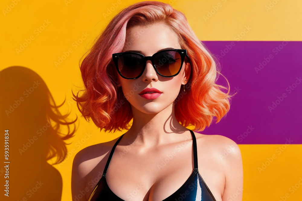 Portrait of a woman with red hair and sunglasses on abstract painted wall background. Generative AI. Portrait of a woman with red hair and sunglasses on abstract painted wall background. Generative AI.
