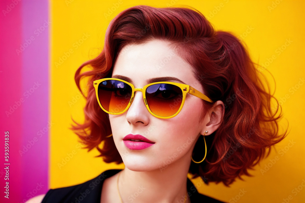 Portrait of a fashionable woman with ginger hair and sunglasses on yellow background. Generative AI. Portrait of a fashionable woman with ginger hair and sunglasses on yellow background. Generative AI.