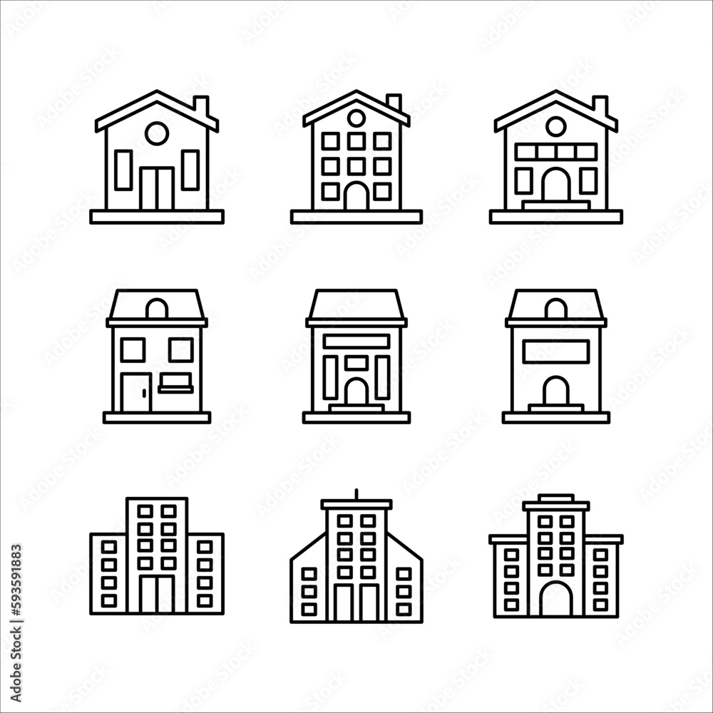 office building flat vector icon set isolated on white background.