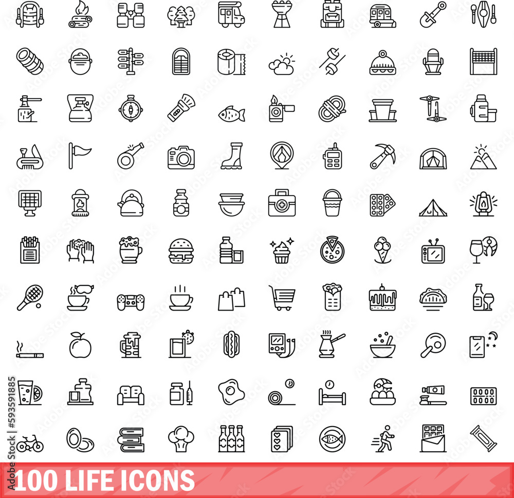 100 life icons set. Outline illustration of 100 life icons vector set isolated on white background 100 life icons set. Outline illustration of 100 life icons vector set isolated on white background