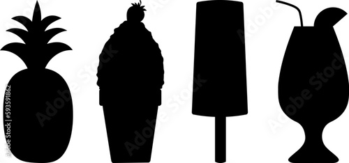 Summer beach food and drink black silhouette vector illustration