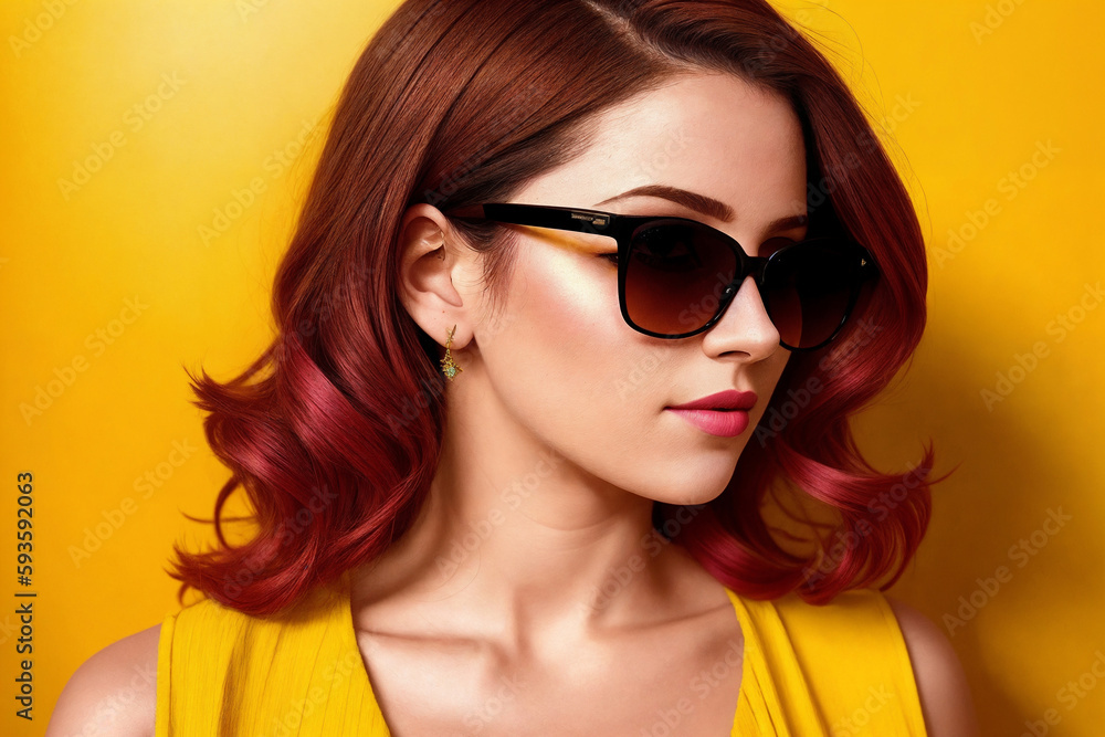 Portrait of a fashionable woman with brown hair and sunglasses on yellow background. Generative AI. Portrait of a fashionable woman with brown hair and sunglasses on yellow background. Generative AI.