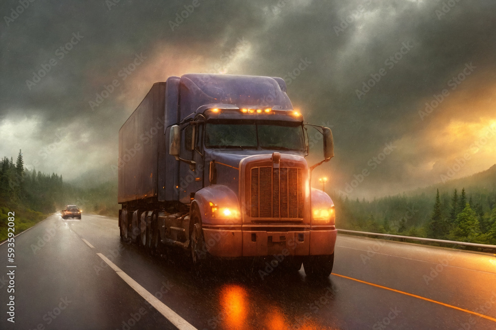 A truck is driving on the road. Dark dramatic landscape with forest as background, gloomy sky, rainy clouds. Generative AI. A truck is driving on the road. Dark dramatic landscape with forest as background, gloomy sky, rainy clouds. Generative AI.