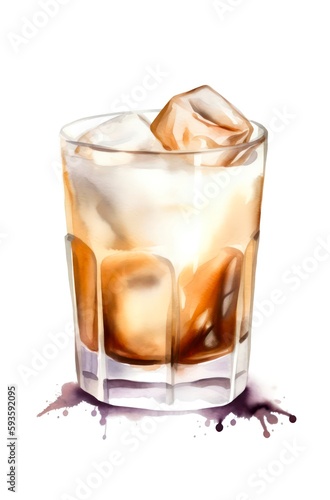 Watercolor illustration of a White Russian alcoholic cocktail isolated on white background. Generative AI.