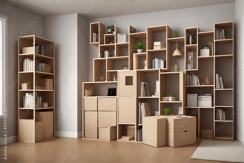 A lot of cardboard boxes in a room near furniture, interior. Generative AI. A lot of cardboard boxes in a room near furniture, interior. Generative AI.