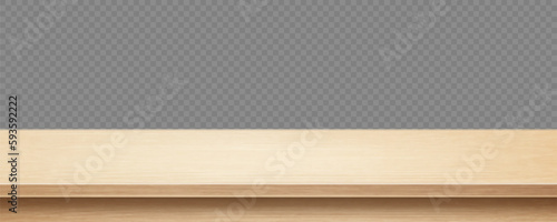 Wooden surface of desk isolated on transparent background. Kitchen top made of timber board. Light wooden tabletop. Realistic vector illustration