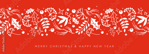 Merry Christmas and Happy New Year festive design with border made of with fir branches, holly leaves and berries. Xmas decoration