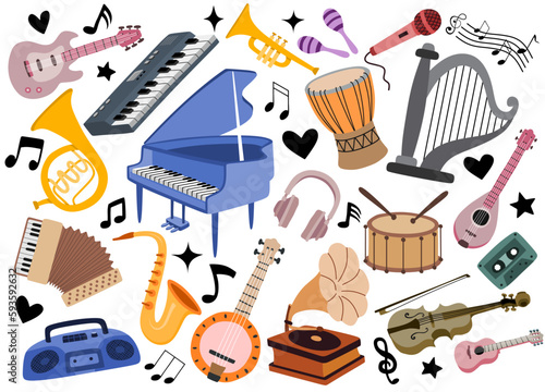 Vászonkép Set of musical instruments in cartoon style on the white background