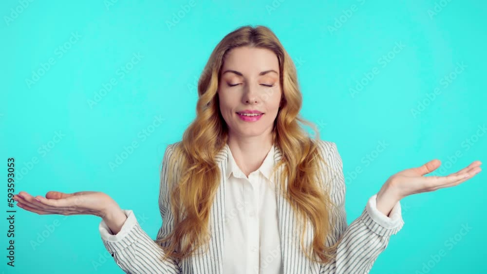 Confusion, and young woman spreading hands say oops ouch oh omg i am so sorry. Businesswoman female lady, uncertain emotion with doubt problem, hand gesture with mockup in studio on blue background Confusion, and young woman spreading hands say oops ouch oh omg i am so sorry. Businesswoman female lady, uncertain emotion with doubt problem, hand gesture with mockup in studio on blue background