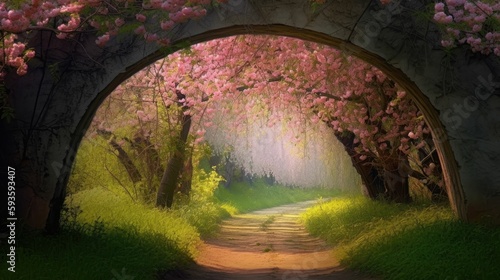 An arch of cherry blossom over a path in a park. Generative AI illustration.