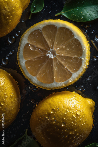 macro image, fruit, lemon with water drops, freshness drops, generated by ai