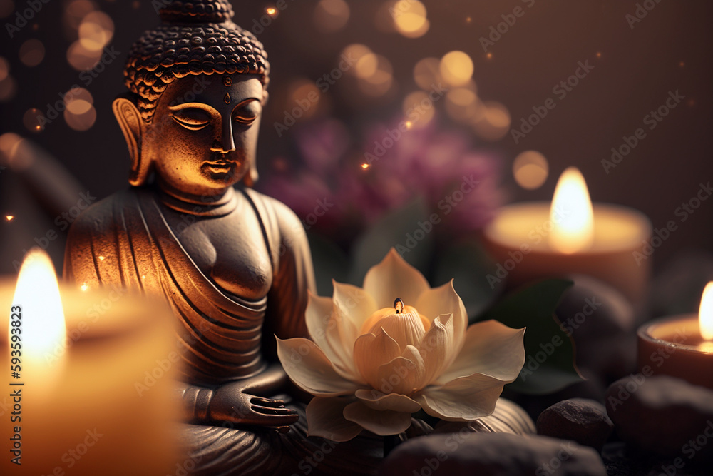 Buddha statue in meditation with lotus flower and burning candles. Meditation, spiritual health, peace, searching zen concept. AI generated image