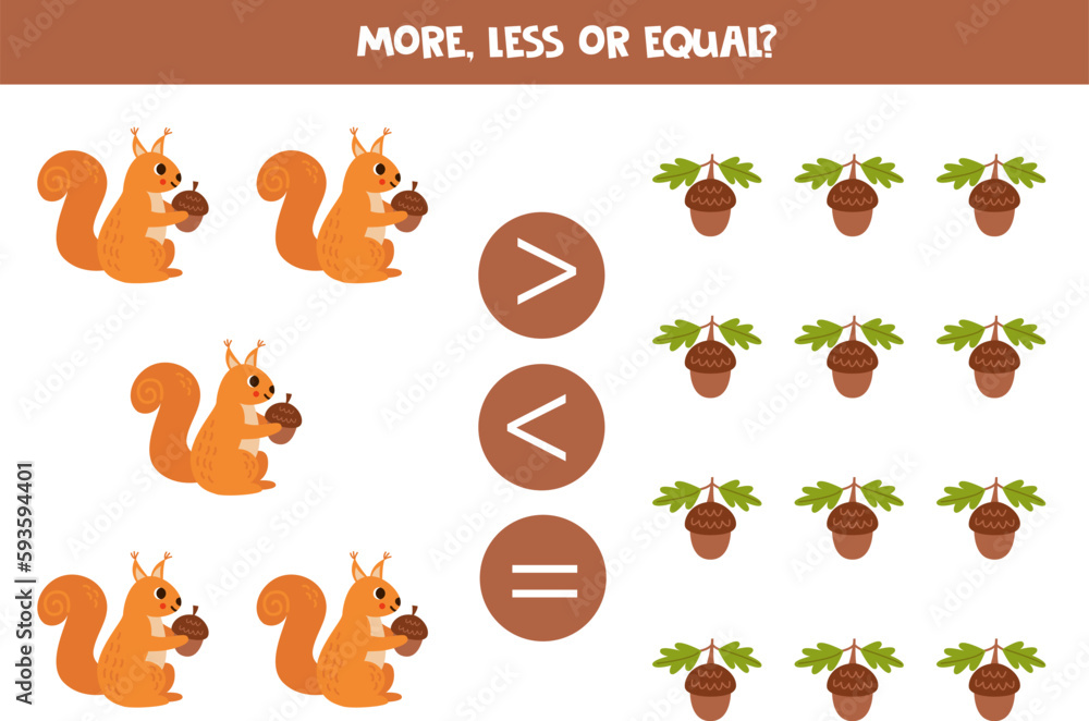 More, less or equal with cartoon squirrels and acorns.