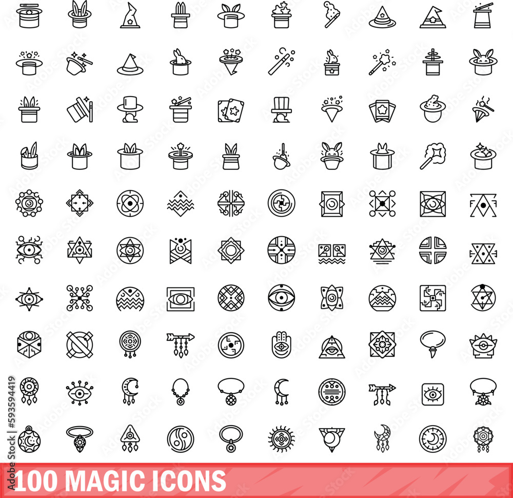 100 magic icons set. Outline illustration of 100 magic icons vector set isolated on white background 100 magic icons set. Outline illustration of 100 magic icons vector set isolated on white background