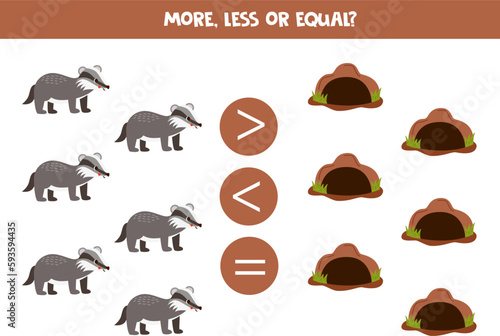 More, less or equal with cartoon badgers and burrows.