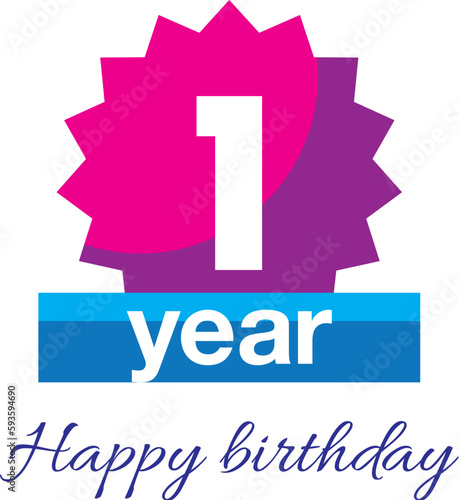 One year happy birthday badge with pink starburst and blue ribbon