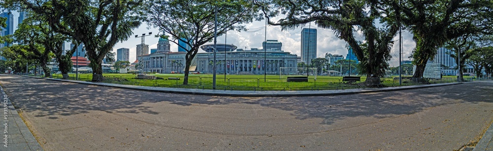 Panoramic image along deserted avenue in Singapore