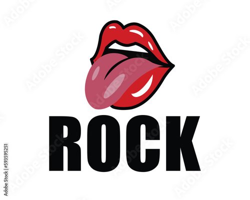 Rock music logo with red lips and tongue, bold black lettering