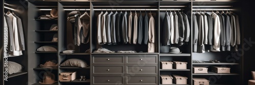 Dark men's dressing room interior with stylish clothes and accessories. Generative AI