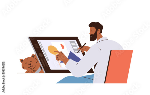 Young man designer working online at home office creating graphic animation on computer display