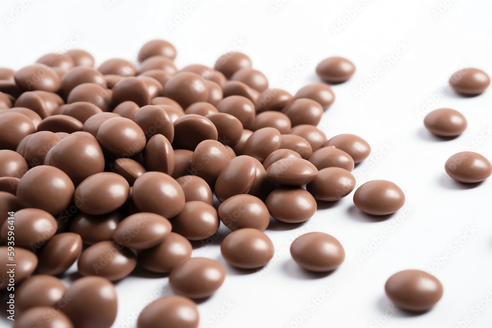 Milk chocolate drops on white background. Generative AI Milk chocolate drops on white background. Generative AI