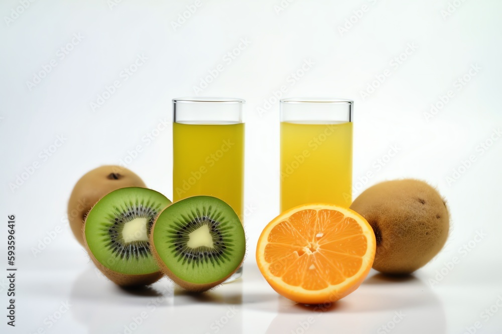 Kiwi and orange juice on white background. Generative AI Kiwi and orange juice on white background. Generative AI