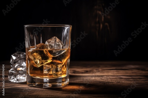 Whiskey with ice on wooden table. Generative AI