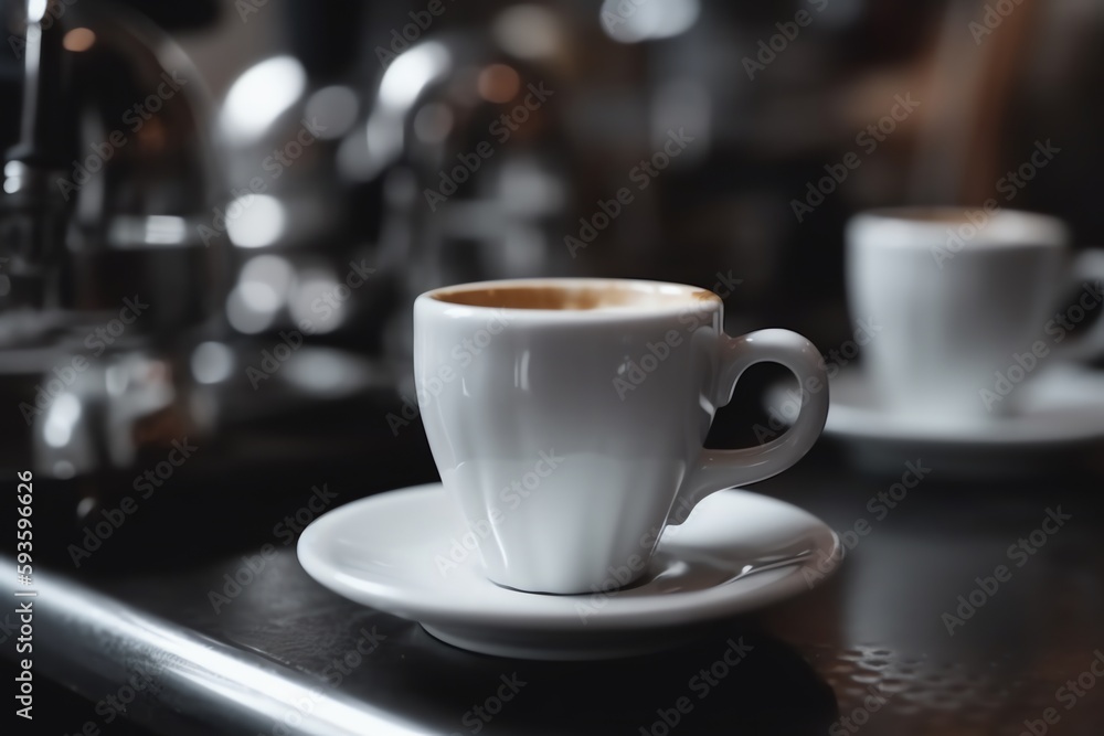 Espresso coffee brewing in white cup in artisan cafe shop. Generative AI