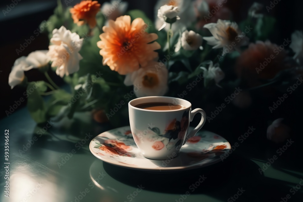 Coffee cup with flowers on table. Generative AI